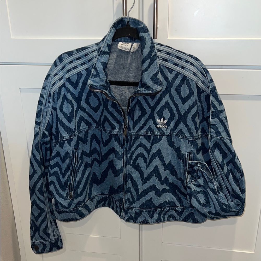 🐸 Adidas Denim Patterned Zip-Up Track Jacket ] 🦓 Zebra stripes & Diamond shape